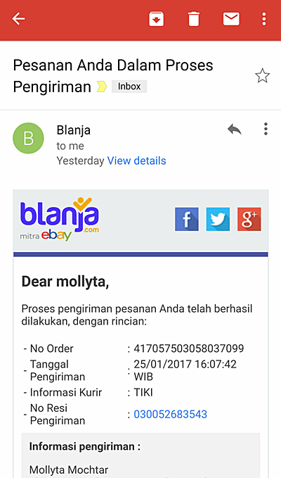 Notifikasi pengiriman barang dari Blanja.com